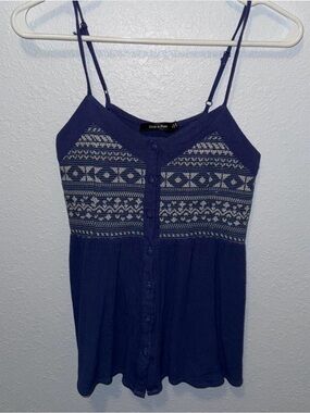 Doe & Rae Navy Blue Embroidered Button-Front Cami Top